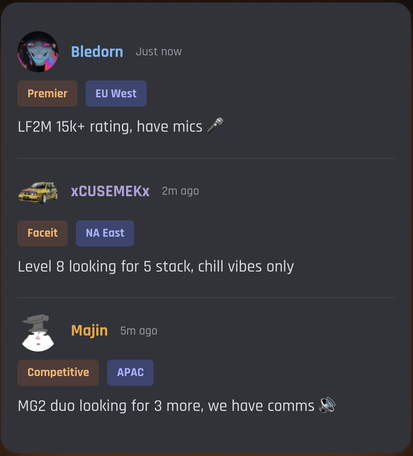 CS2 Central Discord LFG channel showing three consecutive posts, each with a username, a mode tag such as Premier or Faceit, a region tag, and a one-line request