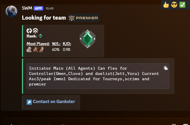 Gankster LFG bot Discord embed showing a Valorant Premier post with rank, most-played agents, win-loss and K/D, a written blurb, and a Contact on Gankster button
